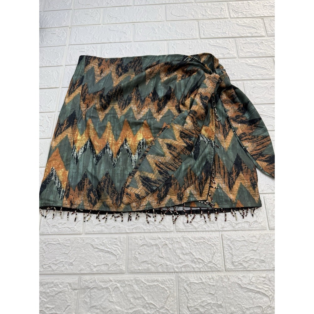 MICAS Brown Teal Chevron Mini Wrap Skirt Beaded Fringe Sz Medium NEW